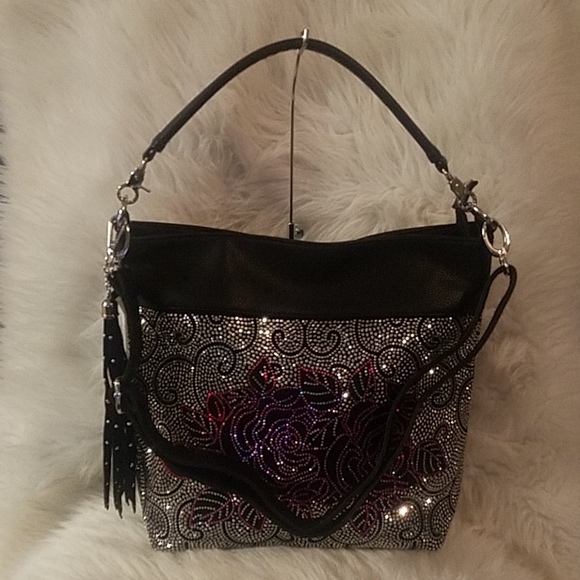 FLORAL DESIGN RHINESTONE HOBO BAG - Picture 4 of 11